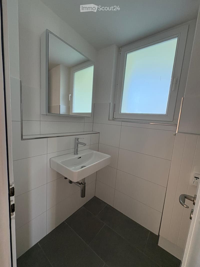 Modern bathroom with a white sink, chrome faucet, large mirror, and dark tiled floor.