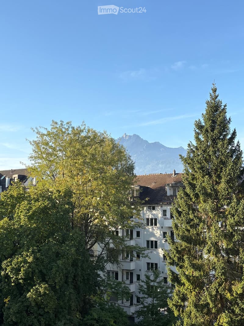 A multi-story white building with multiple windows and balconies, surrounded by lush green trees, with a mountain range visible in the background under a clear blue sky.