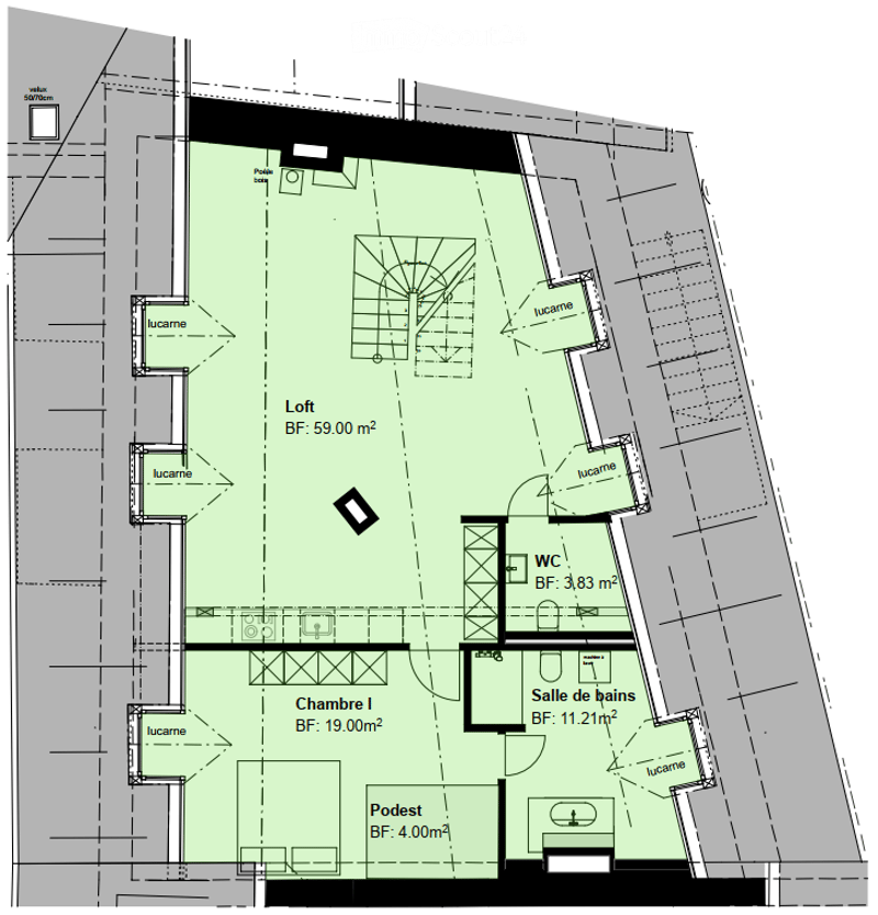 Floor plan showing a loft area, bedroom, bathroom, and small storage space.