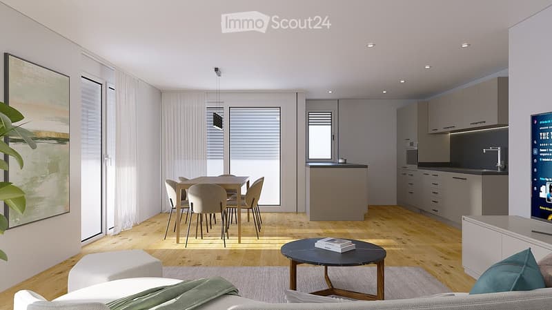 Open-plan living and dining area with modern furniture, including a sofa, coffee table, dining table with chairs, and a kitchen island with cabinets. The space features wooden flooring, large windows with curtains, pendant lights, and a television display