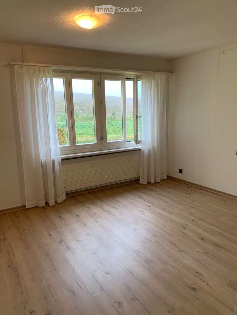 Empty room with light wooden flooring, white walls, large windows with white curtains, and a radiator below the windows.