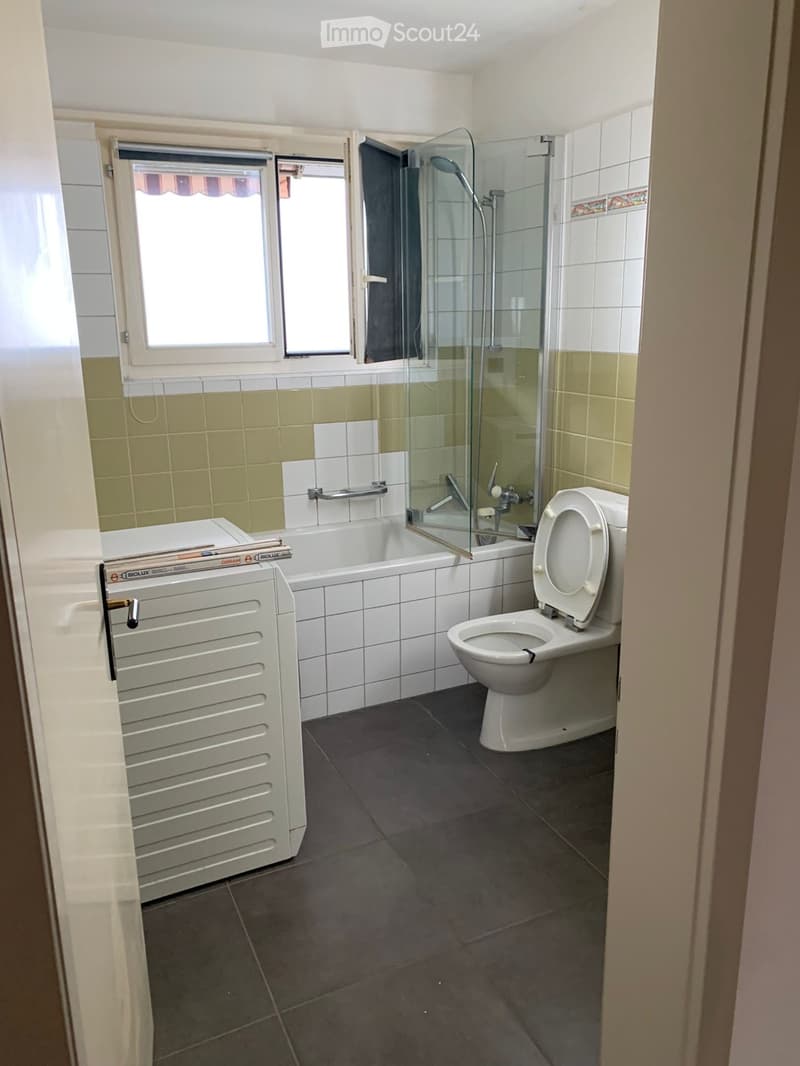 Bathroom with a toilet, bathtub, glass-enclosed shower, and a radiator. The walls are tiled in white and green, and the floor is dark grey.