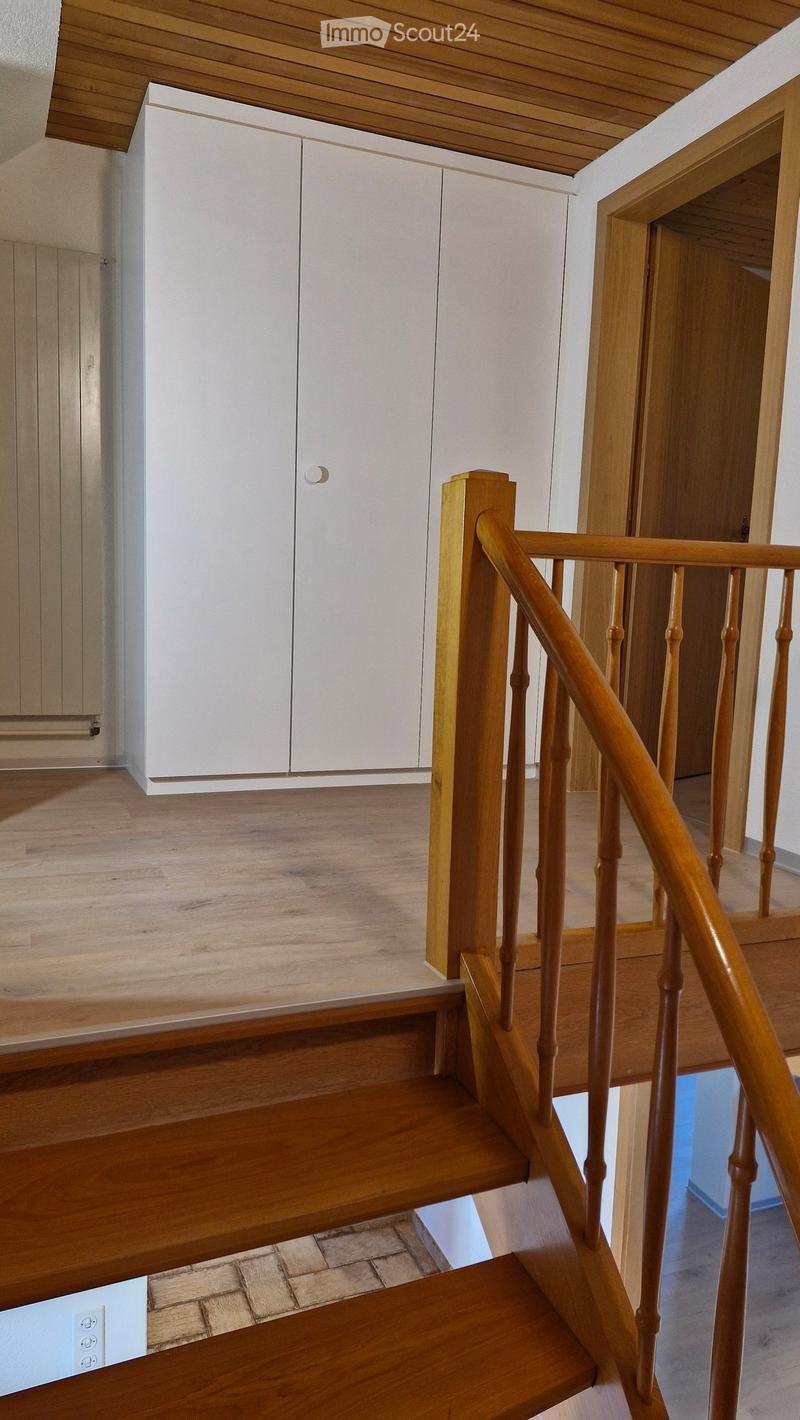 Wooden staircase with a handrail and a white closet in the background.