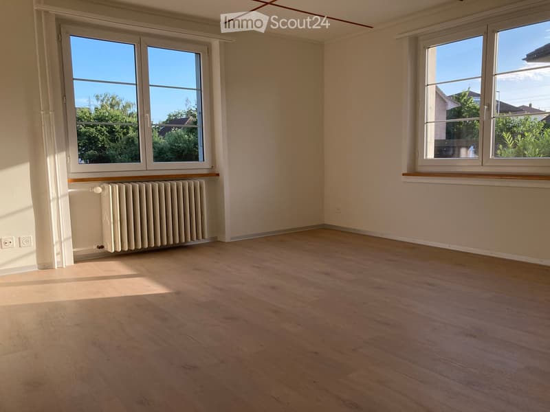 Empty room with wooden flooring, large windows, radiator, and natural light.
