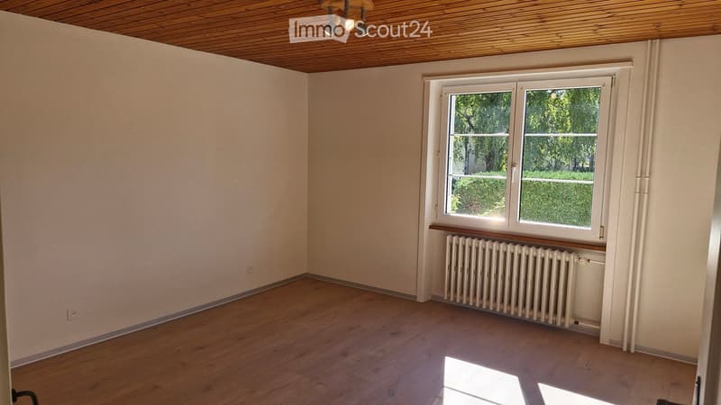 Empty room with wooden flooring, white walls, and a large window with a radiator below it. The ceiling is wooden with recessed lighting.