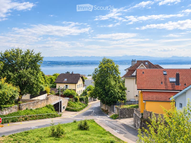 Residential street with houses, trees, and a scenic lake and mountain view in the background.