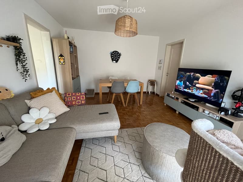 Modern living room with a grey sectional sofa, coffee table, dining area with chairs, TV, wicker chair, and a wicker pendant light.