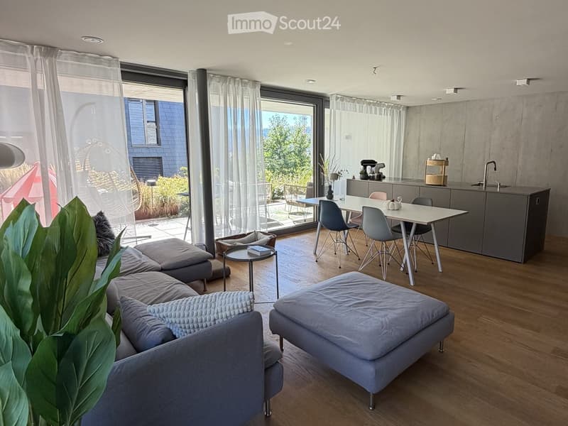 Modern living and dining area with grey sofa, ottoman, coffee table, dining table with chairs, and a kitchen counter with a sink and faucet.