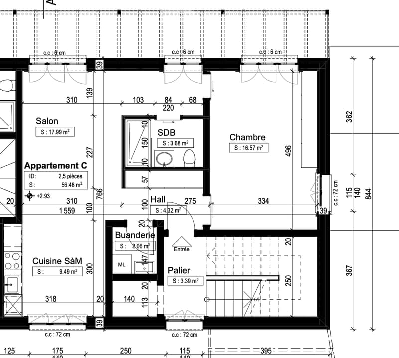 Floor plan of Apartment C, featuring a salon, kitchen, hallway, bedroom, bathroom, and entrance area.
