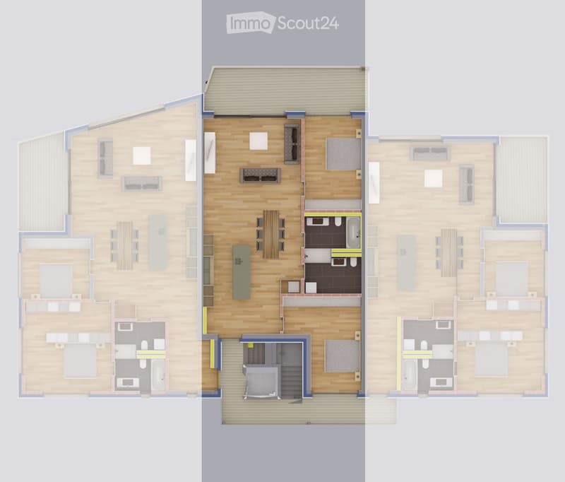 Living room, dining room, kitchen, 2 bedrooms, 2 bathrooms, stairs, balcony