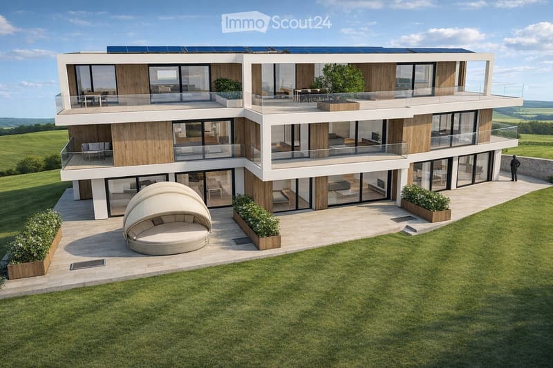 3 story house, solar panels, multiple balconies, garden, green surroundings