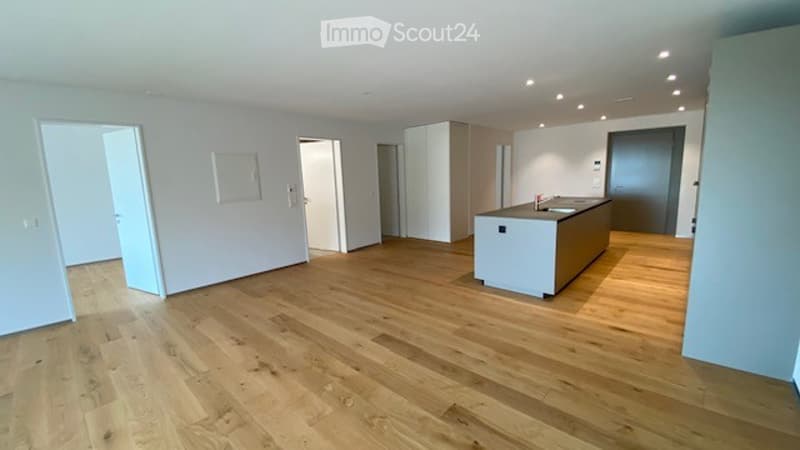 Empty room with light wooden flooring, white walls, and a small kitchen area with a countertop and cabinets visible in the background.