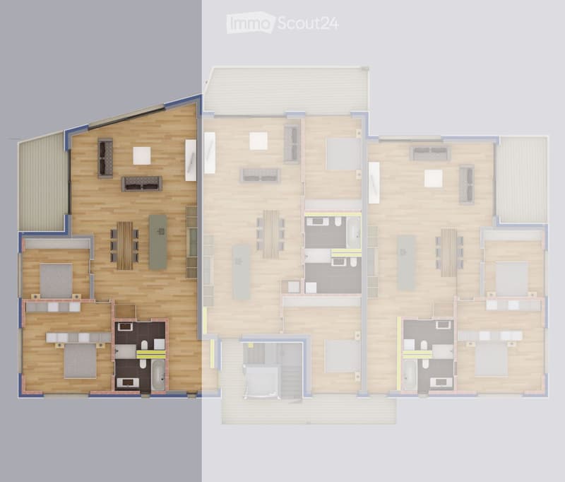 Floor plan of a multi-level house with living room, dining area, kitchen, bedrooms, bathrooms, and a balcony.