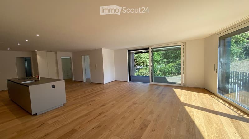 Empty room with light wooden flooring, white walls, and large glass doors leading to an outdoor area. Minimalist design with recessed lighting.