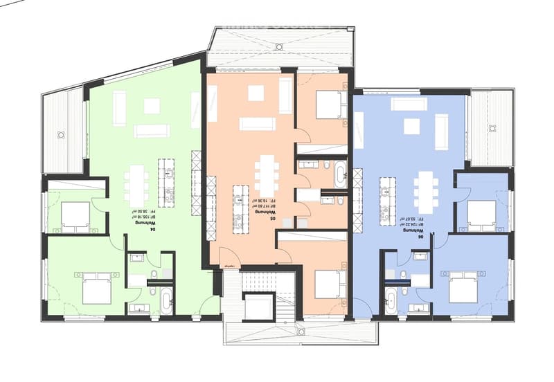 Floor plan of a multi-room residential space with a living room, dining area, kitchen, three bedrooms, and two bathrooms.