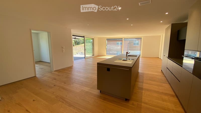 Modern kitchen with light wooden flooring, white walls, and a central island with a sink and faucet. Large sliding glass doors lead to an outdoor area.