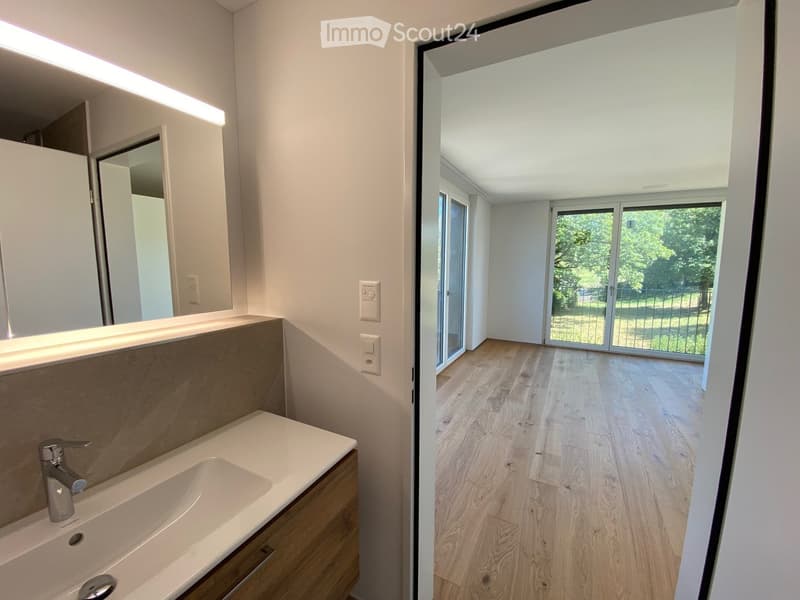 Modern bathroom with a white sink, sleek faucet, and large mirror with built-in lighting. The adjacent room features light wooden flooring and large sliding glass doors leading to a green outdoor area.