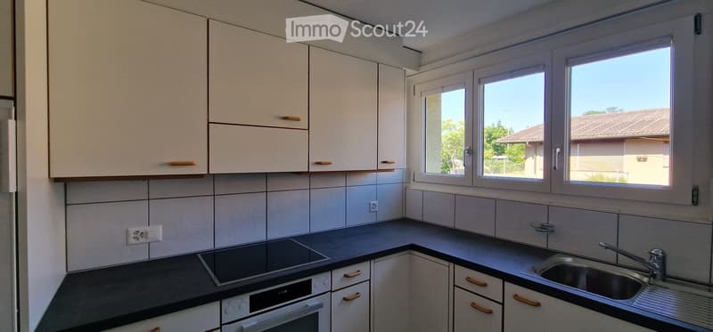 Modern kitchen with white cabinets, dark countertops, induction cooktop, oven, and sink. Large windows provide natural light.