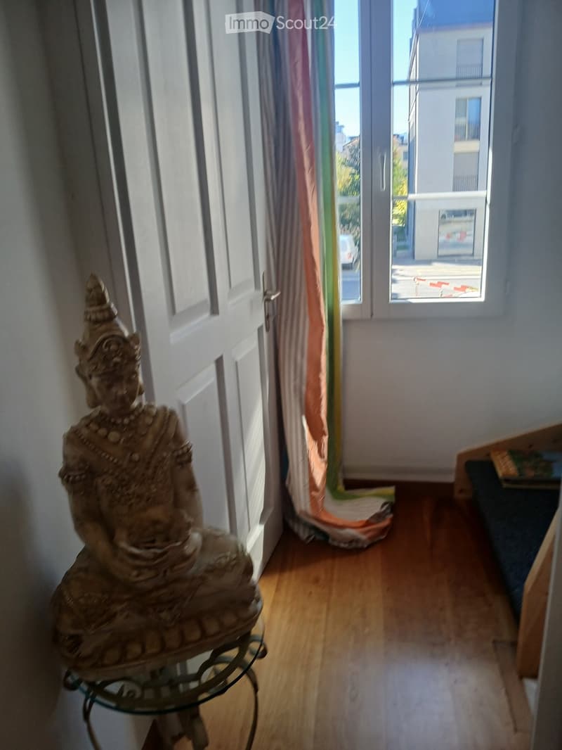 A narrow hallway with wooden flooring, a glass table with a decorative statue, and a colorful curtain leading to a window with a view of the street.