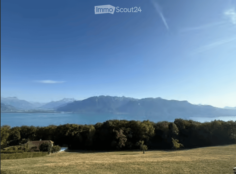 Open field with trees, a small structure, and a distant lake and mountains under a clear blue sky.