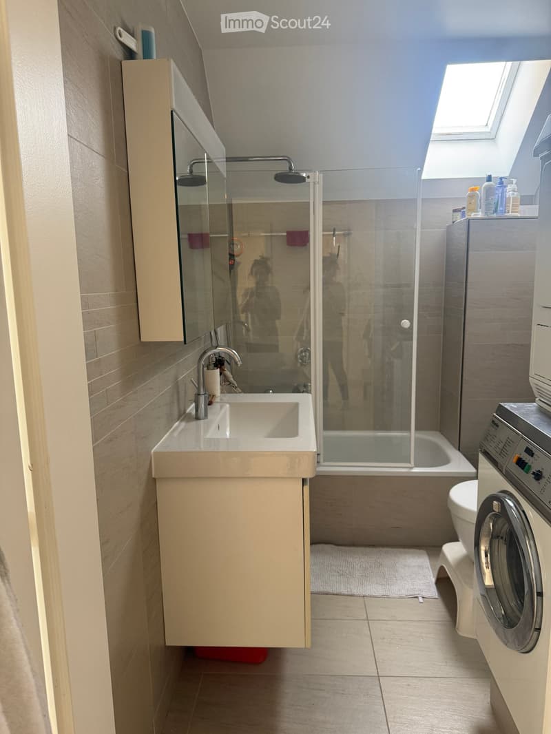 Modern bathroom with a white sink, mirror, shower, bathtub, toilet, and washing machine. Features a skylight window and tiled walls.