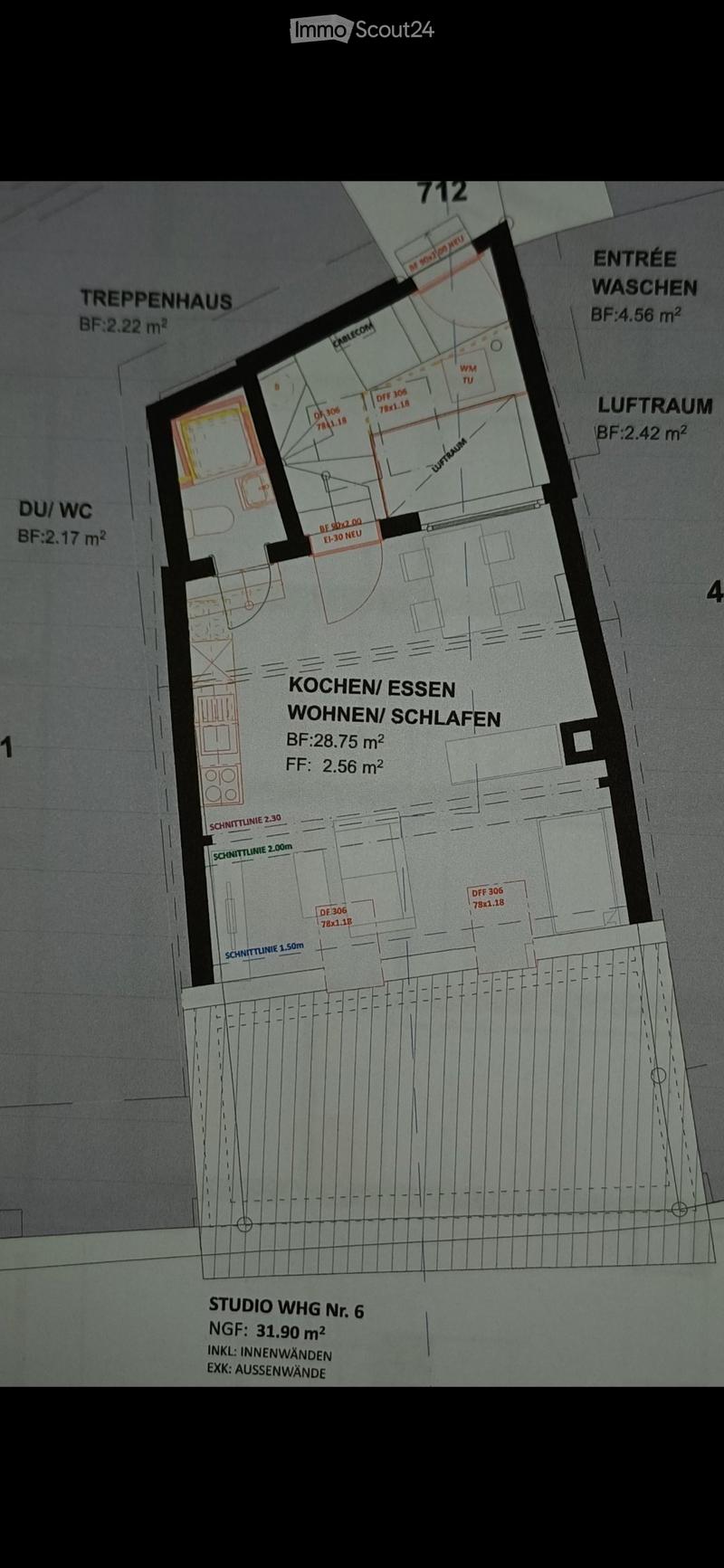Floor plan of a studio apartment labeled as WHG Nr. 6, including areas for kitchen/dining, living/sleeping, bathroom, hallway, and staircase.