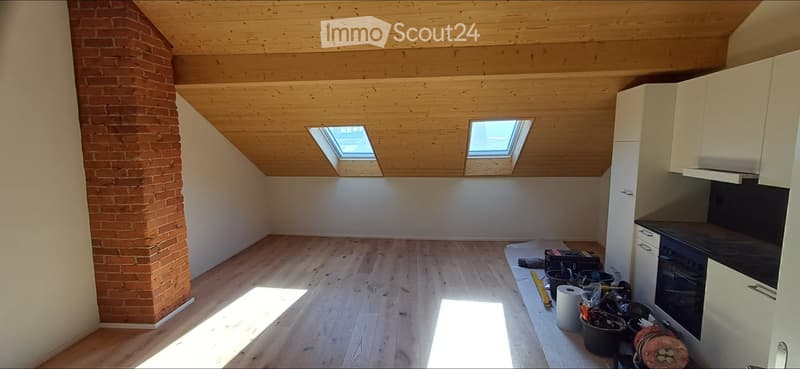 Empty attic space with wooden floors, white walls, skylights, and a brick pillar. No furniture or equipment present.
