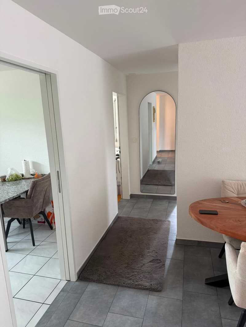 A modern hallway with a grey shag rug, a round wooden table with chairs, and a large arched mirror reflecting another room.
