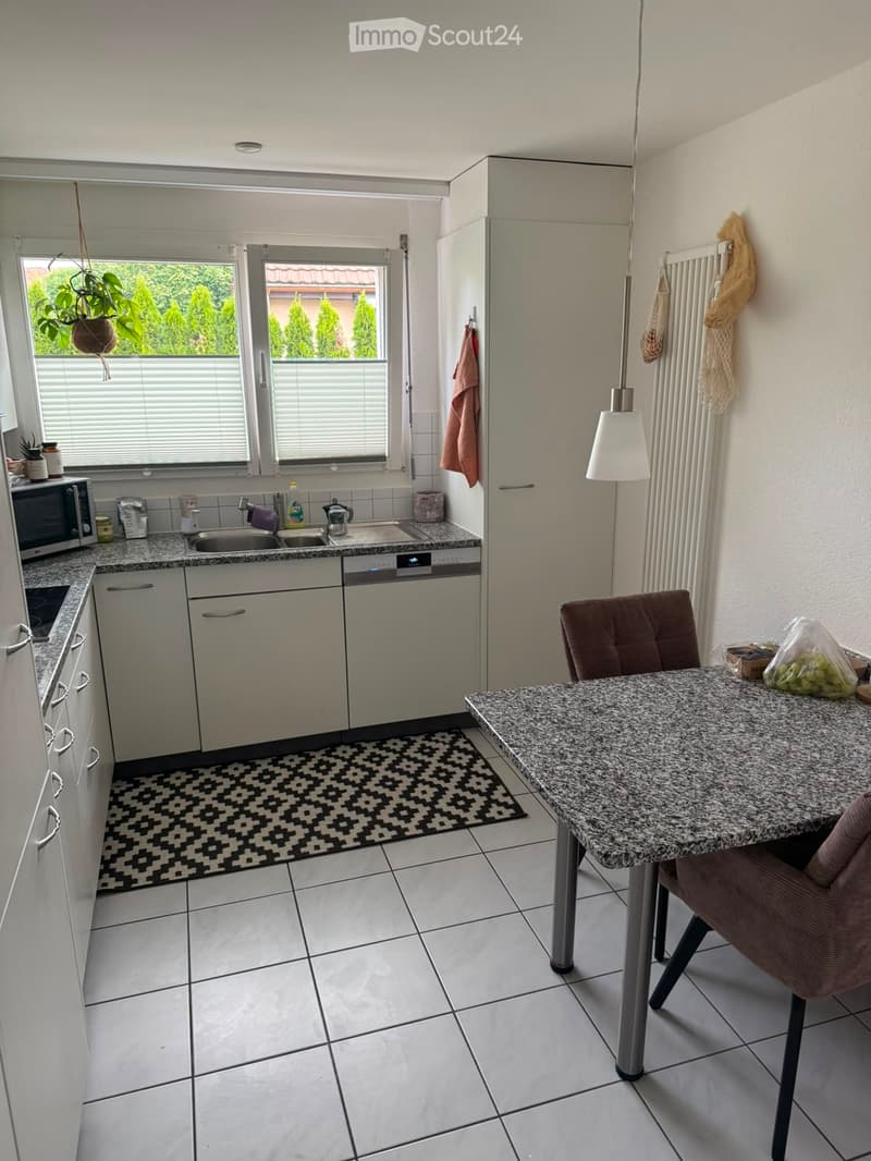 Modern kitchen with white cabinets, granite countertops, a microwave, dishwasher, sink, and a small dining area with a table and chair. There is a potted plant on the windowsill and a radiator on the wall.