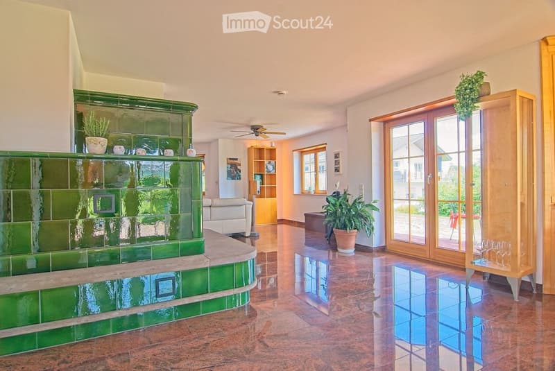 Spacious living room with a green tiled fireplace, white leather sofa, large potted plant, wooden shelf, and glass doors leading to a patio.
