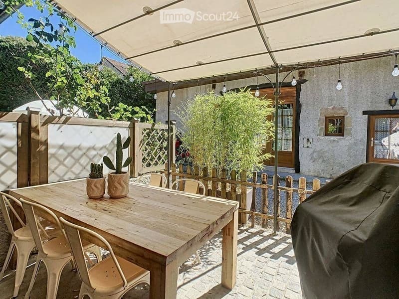 Outdoor patio with a wooden dining table, four chairs, two potted plants, a covered canopy, and a wooden fence.
