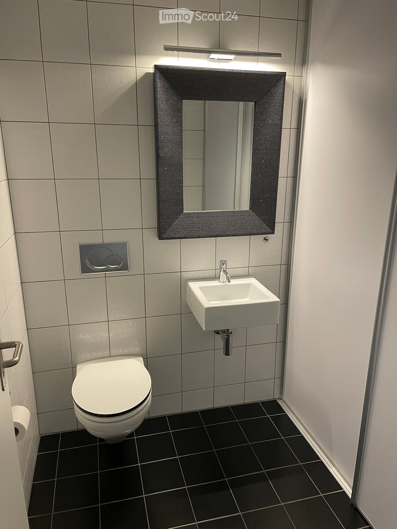 Modern bathroom with grey tiled walls, black tiled floor, white toilet, white sink, and a large mirror with a built-in light fixture above it.