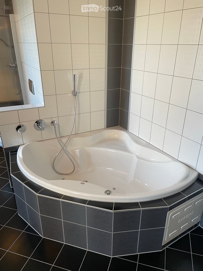 Modern bathroom with a large, curved bathtub, tiled walls, and a handheld shower hose attached to the wall.