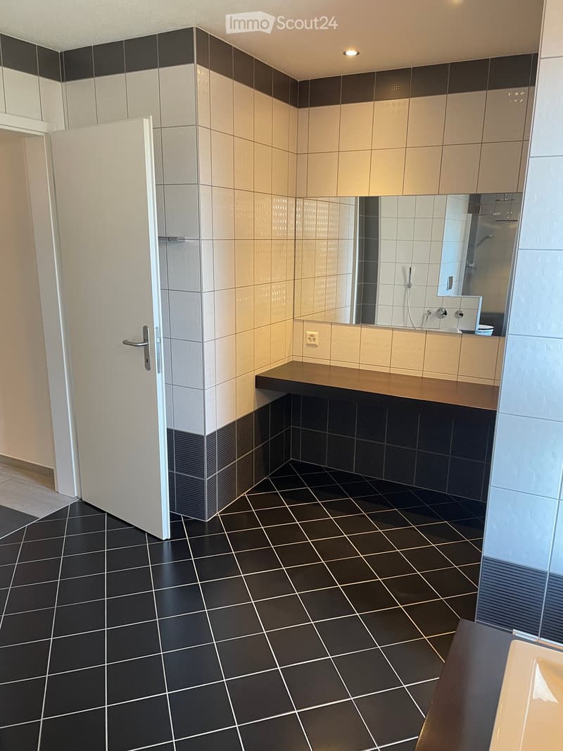 Modern bathroom with black tiled floor, beige and grey tiled walls, a sink with a mirror, and a cabinet.