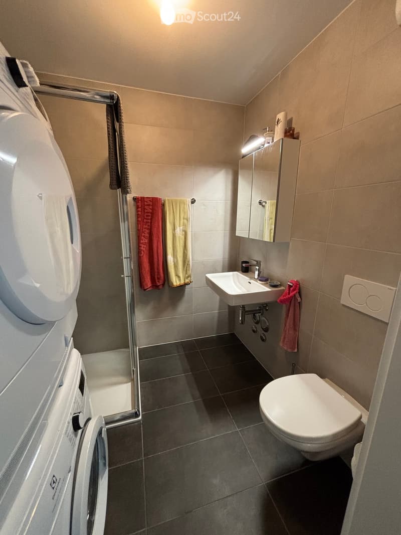 Modern bathroom with a toilet, sink, mirror, and towel rack. The walls are tiled in beige, and the floor is dark grey tiles. Towels are neatly hung on the rack.