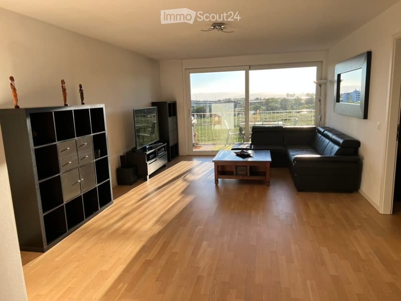 Modern living room with hardwood flooring, large sliding glass doors leading to a balcony, a black sectional sofa, a wooden coffee table, a TV stand, and a storage unit with decorative items on top.