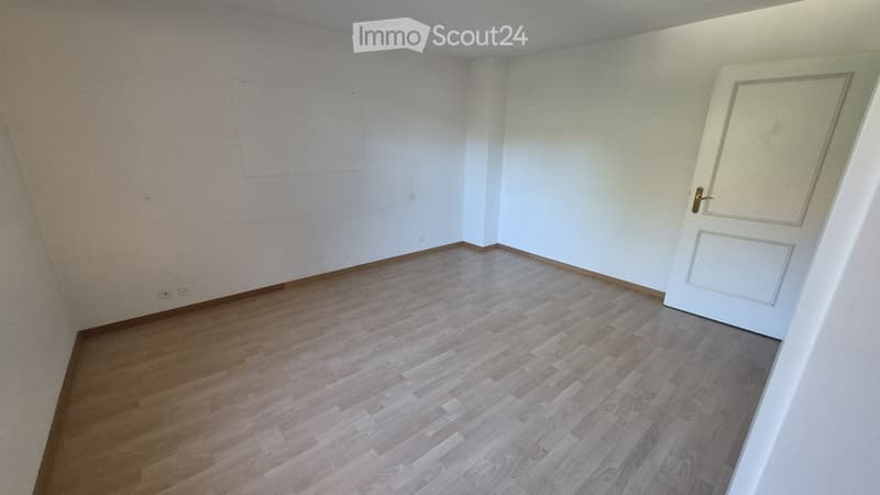 Empty room with light wooden flooring and white walls, featuring a single white door.