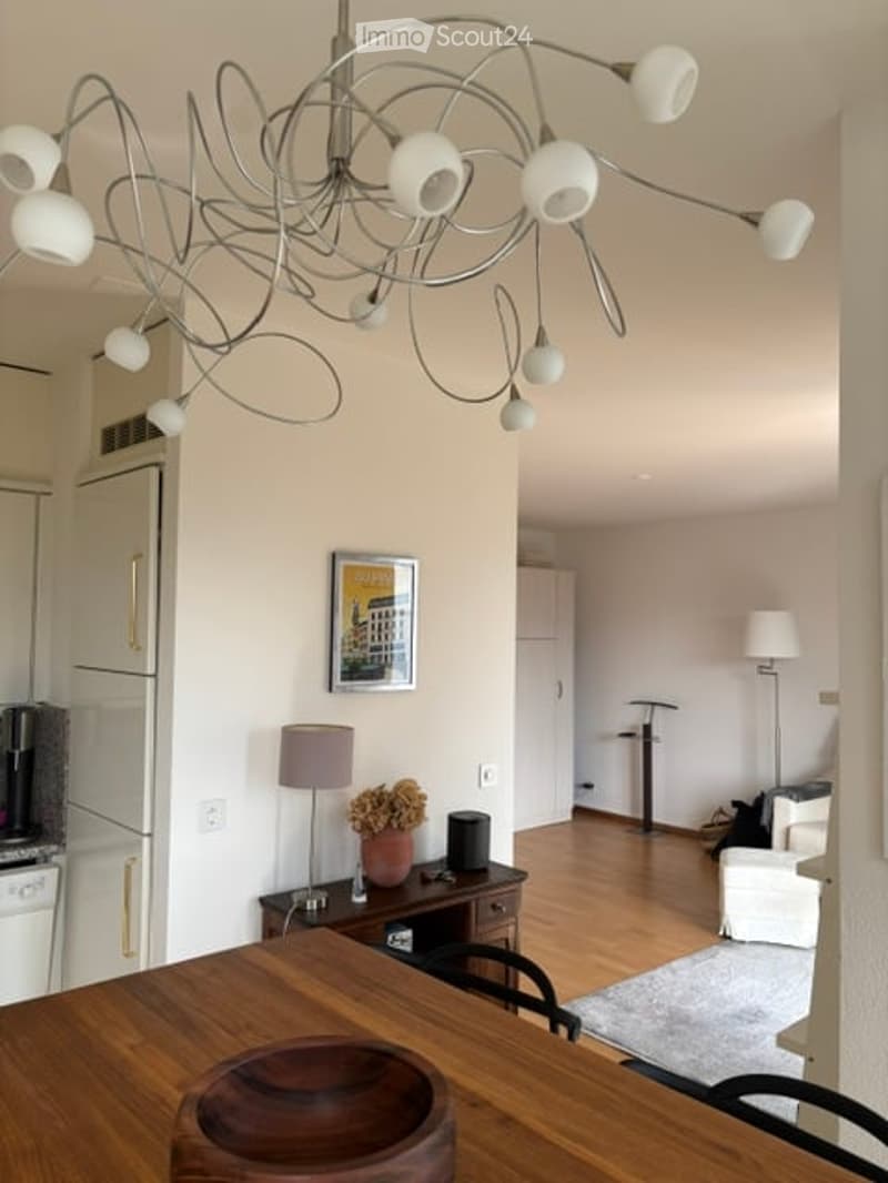 Modern open-plan living and dining area with wooden flooring, a large chandelier, a dining table with chairs, a refrigerator, a lamp, a picture frame, a small stool, and a white sofa.