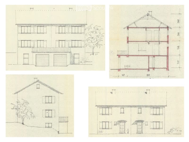 Architectural floor plans showing multiple views of a residential building, including exterior elevations, cross-sections, and interior layouts.