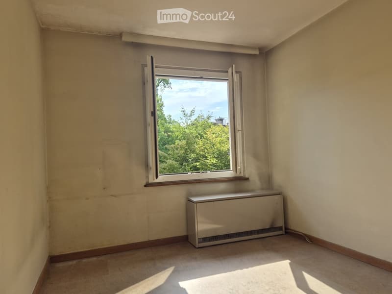 Empty room with beige walls, wooden baseboards, a single window with white frame, and a radiator below the window. The floor is a light-colored carpet.