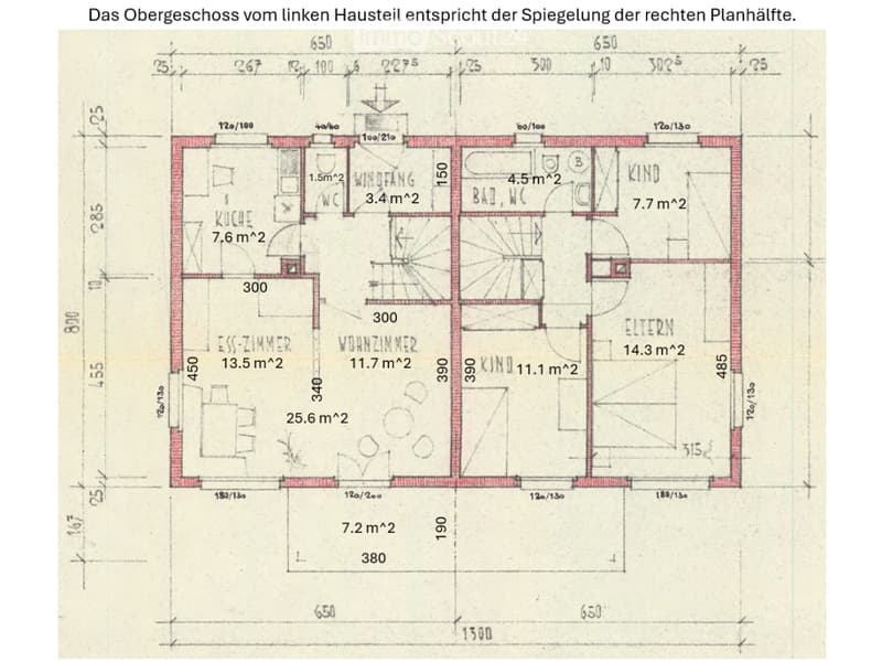 Floor plan of a two-story house showing kitchen, dining room, living room, bedroom, bathroom, and children's room with dimensions and area measurements.