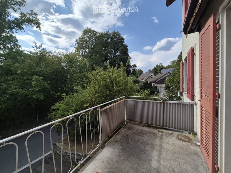 Balcony with metal railing, overlooking a green, tree-filled area with houses in the background.