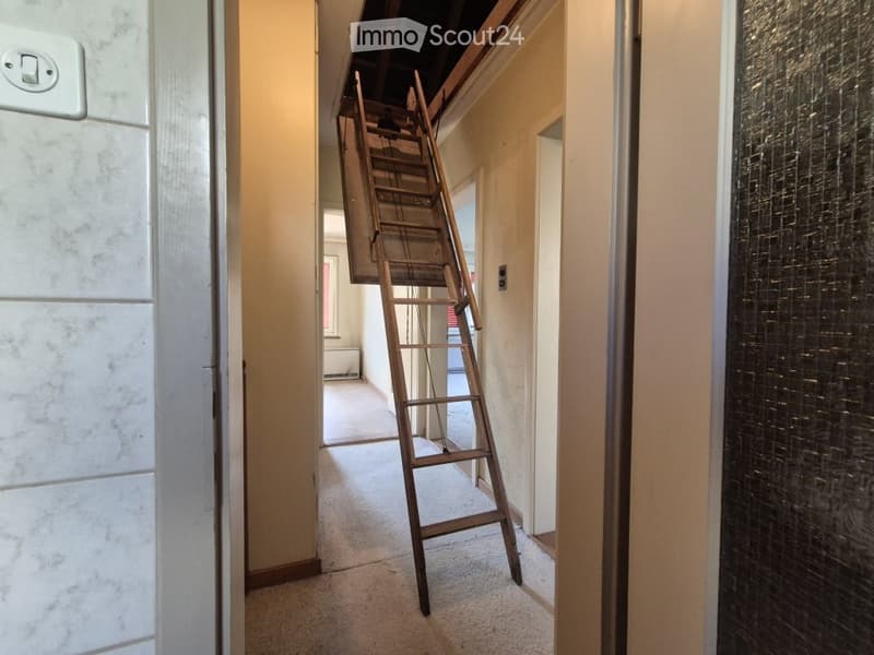 A narrow hallway with a wooden ladder leading to an attic space. The walls are painted in a light color, and the floor is carpeted.