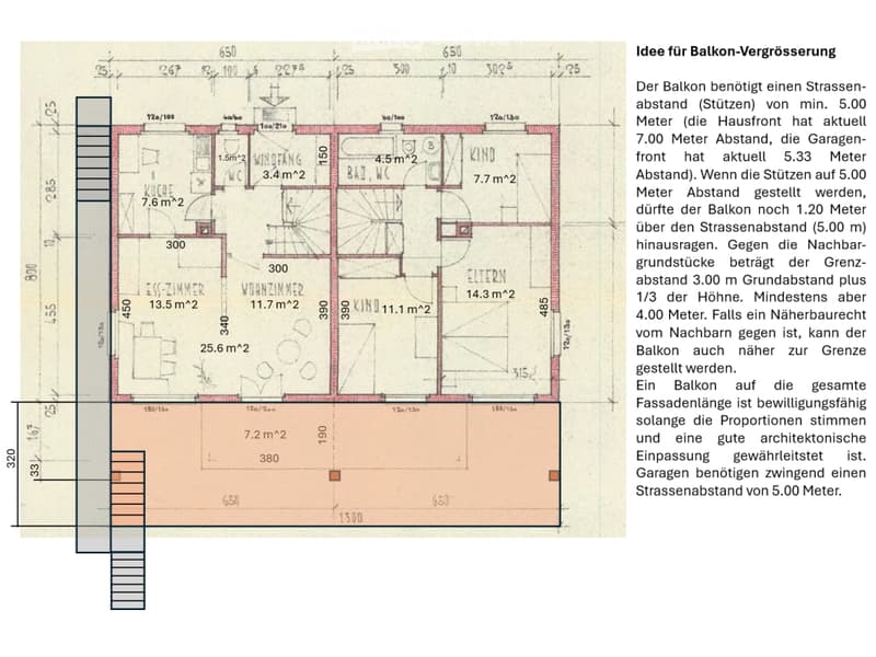 Floor plan showing a two-story house layout with rooms labeled: kitchen, dining room, living room, bedrooms, bathrooms, and a balcony.