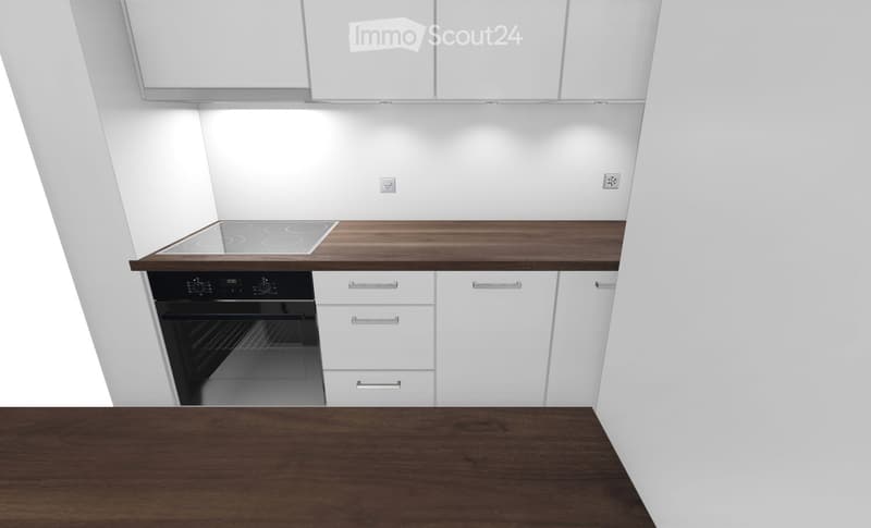 Modern kitchen with white cabinets, wooden countertop, induction cooktop, and built-in oven.