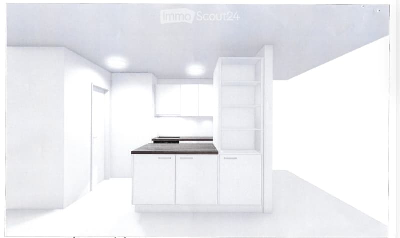 Empty kitchen with white cabinets, a black countertop, and built-in shelving units. No appliances or furniture are present.