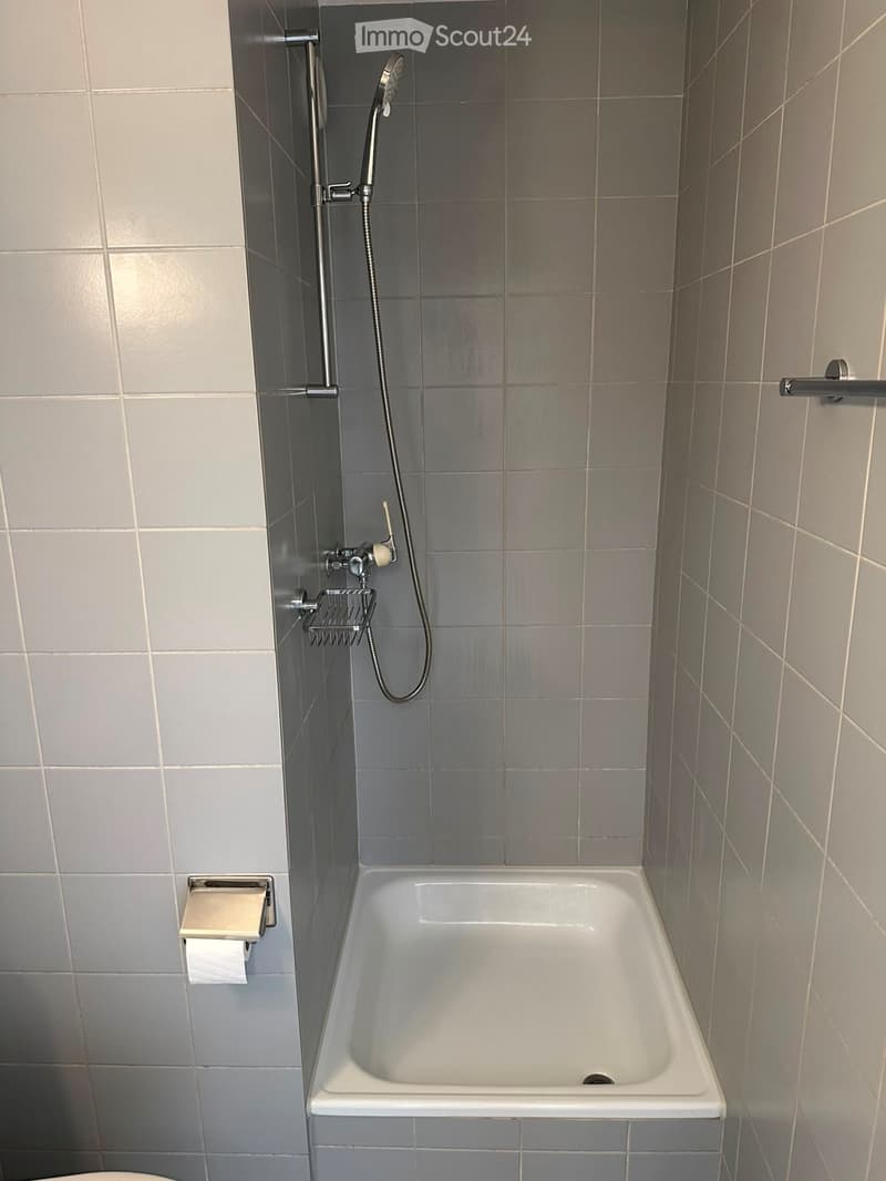 Modern bathroom with a bathtub, showerhead, faucet, and towel rack. The walls are tiled in gray and white.