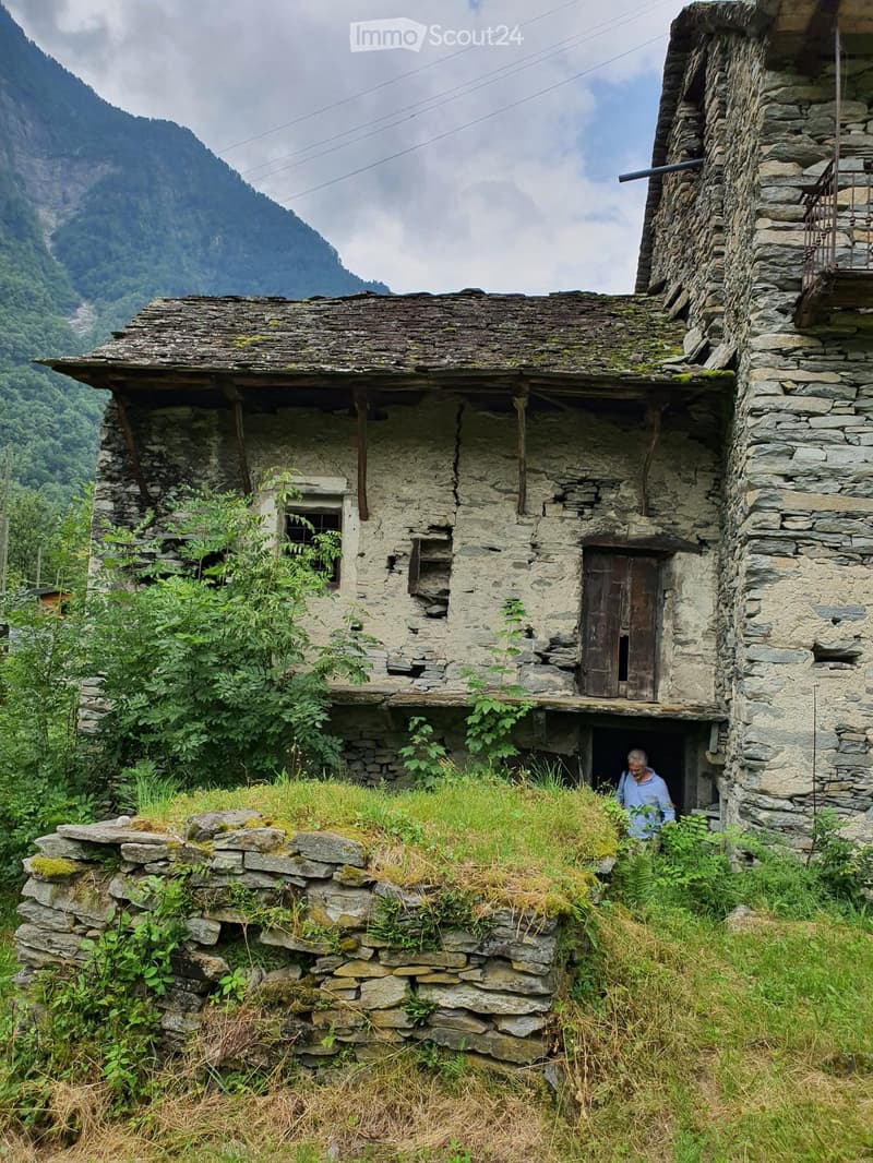 A rustic stone house with a moss-covered roof, wooden door, and small window, surrounded by greenery and mountains.