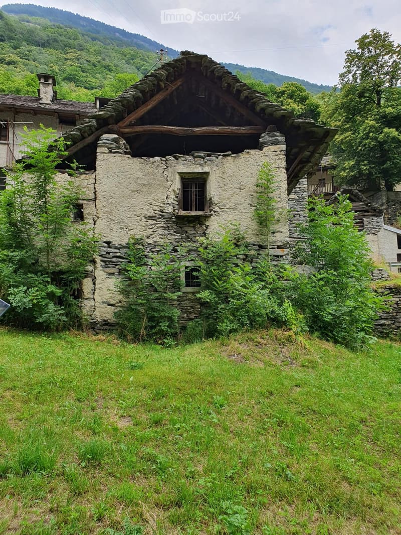 A rustic stone house with a partially collapsed roof and overgrown vegetation, situated in a grassy field with a mountainous backdrop.