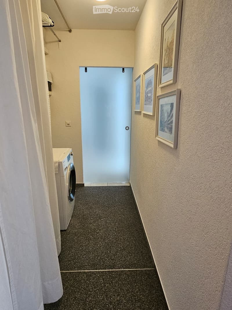A narrow hallway with a washing machine on the left, a closed door at the end, and framed pictures on the right wall.